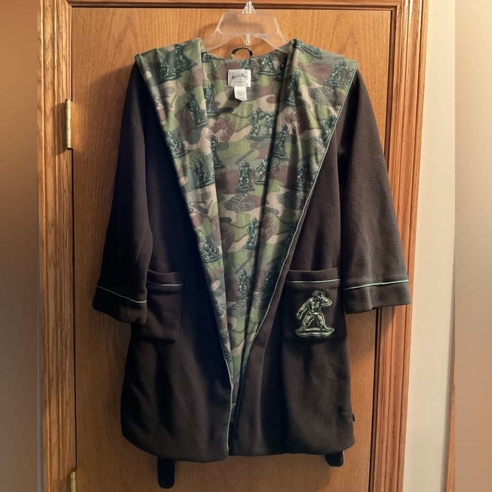 Boy’s Nick & Nora Hooded Robe with Attached Belt. Army Men Design.